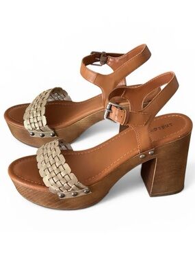 Indigo Tan Platform Wood-Look High Heels Sandals Sz 10 Gold Woven Strap For Toes